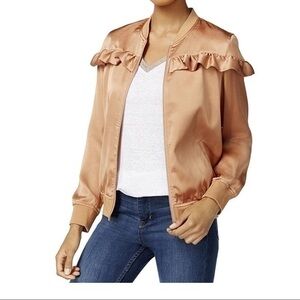 Maison Jules Copper Satin Ruffled Bomber Jacket